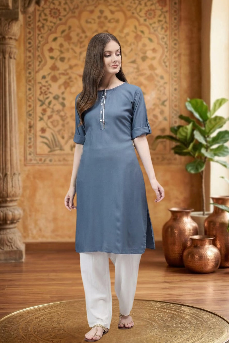 Round Neck Straight Fit Rayon Kurti