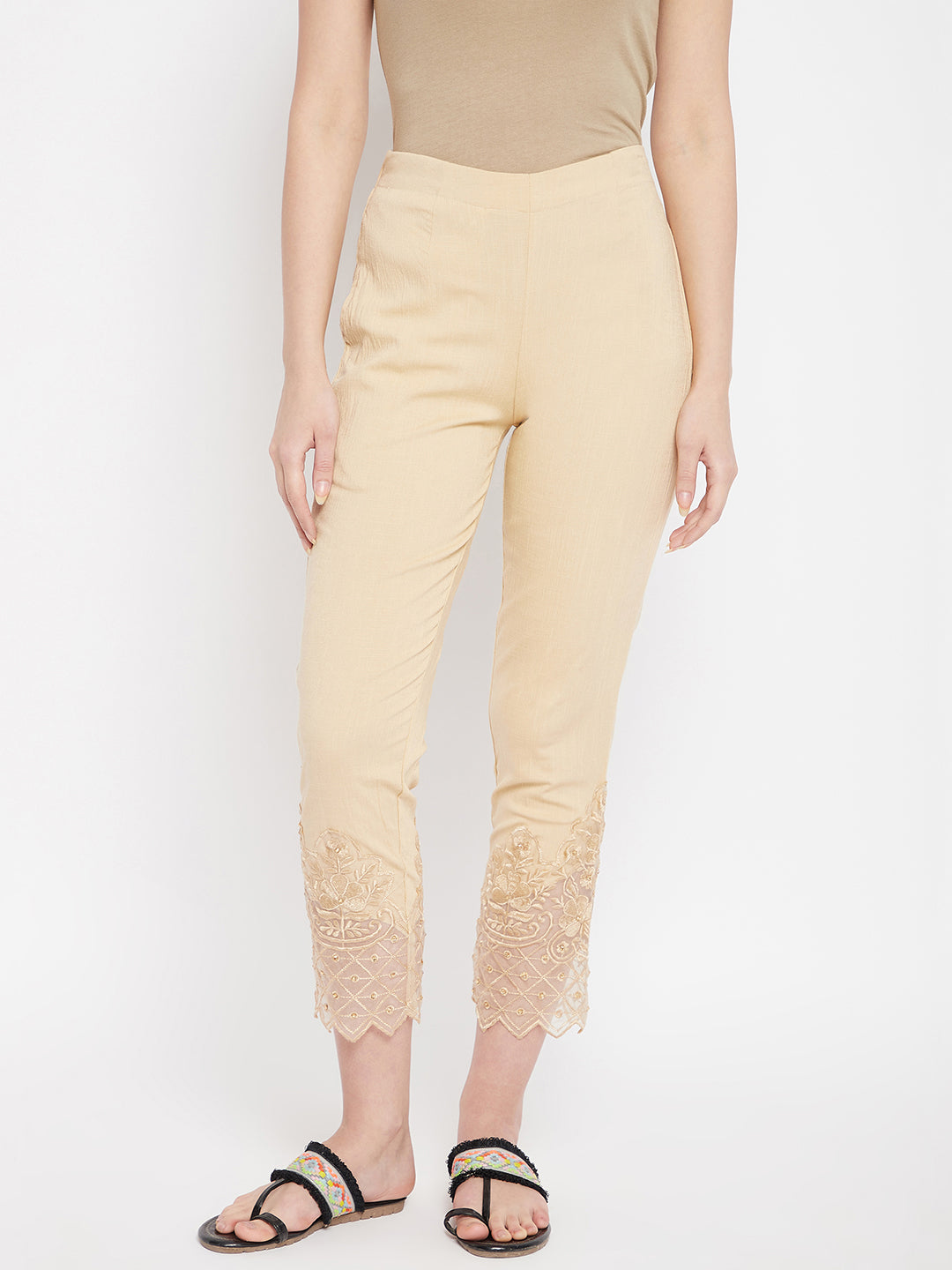 Skin Embroidery Lace Cotton Lycra Pants