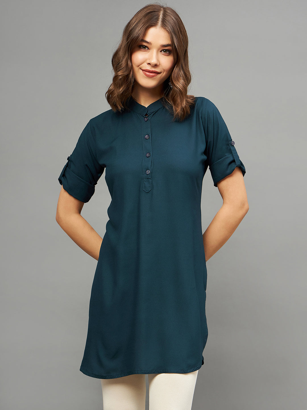 Bottle Green Solid Coloured Short Kurti - 32" Length