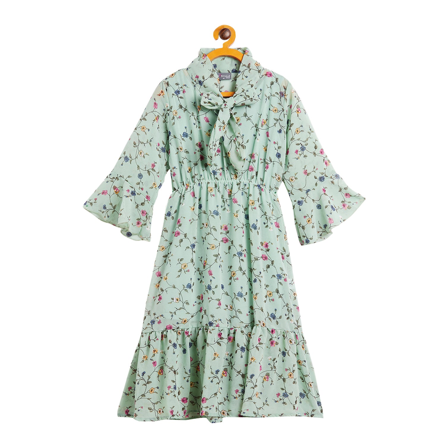 Kids Light Green Dye Dress with Floral Pattern