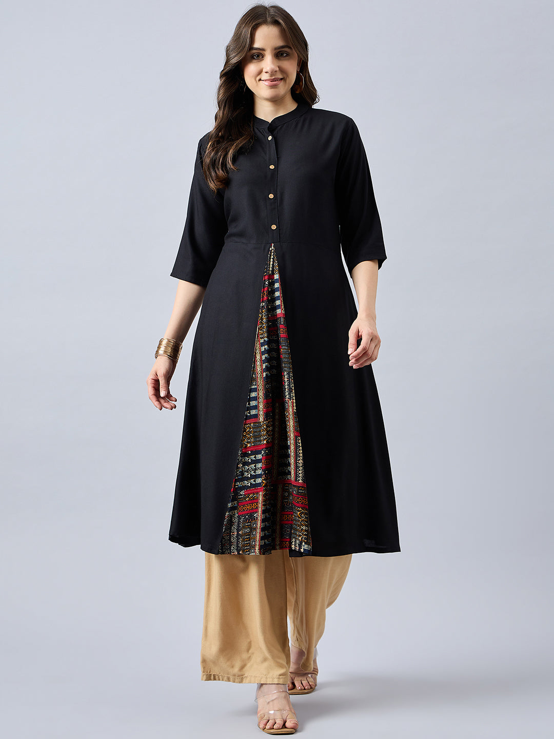 Women Mandarin Collar Anarkali Panelled Rayon Kurta