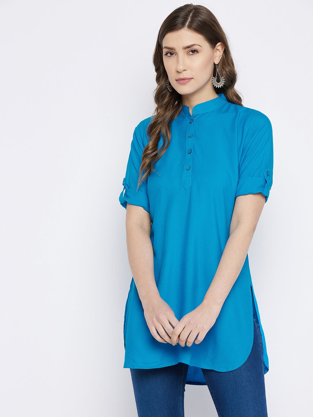 Sky Blue Solid Coloured Short Kurti - 32" Length M