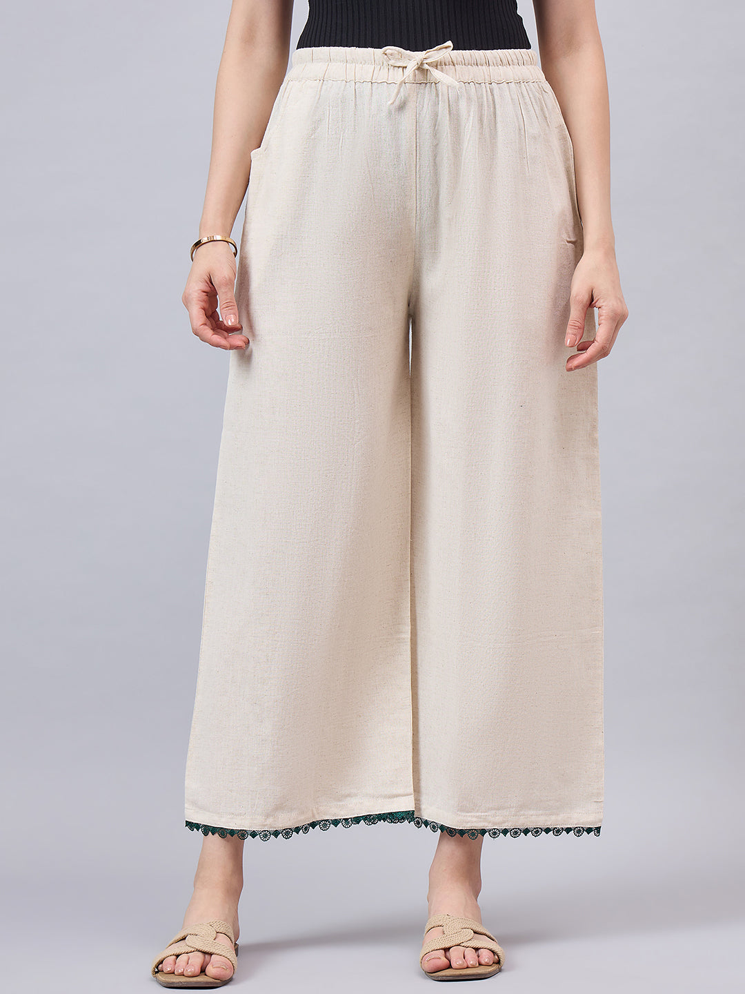 Cotton Palazzo With Dark Green Lace Detailing