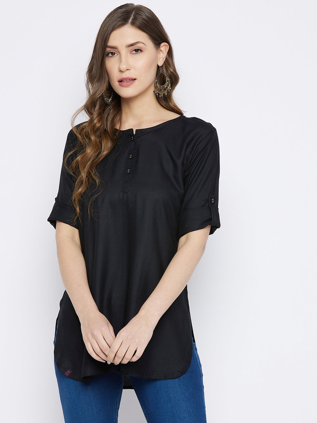 Black Solid Coloured Short Kurti - 32" Length