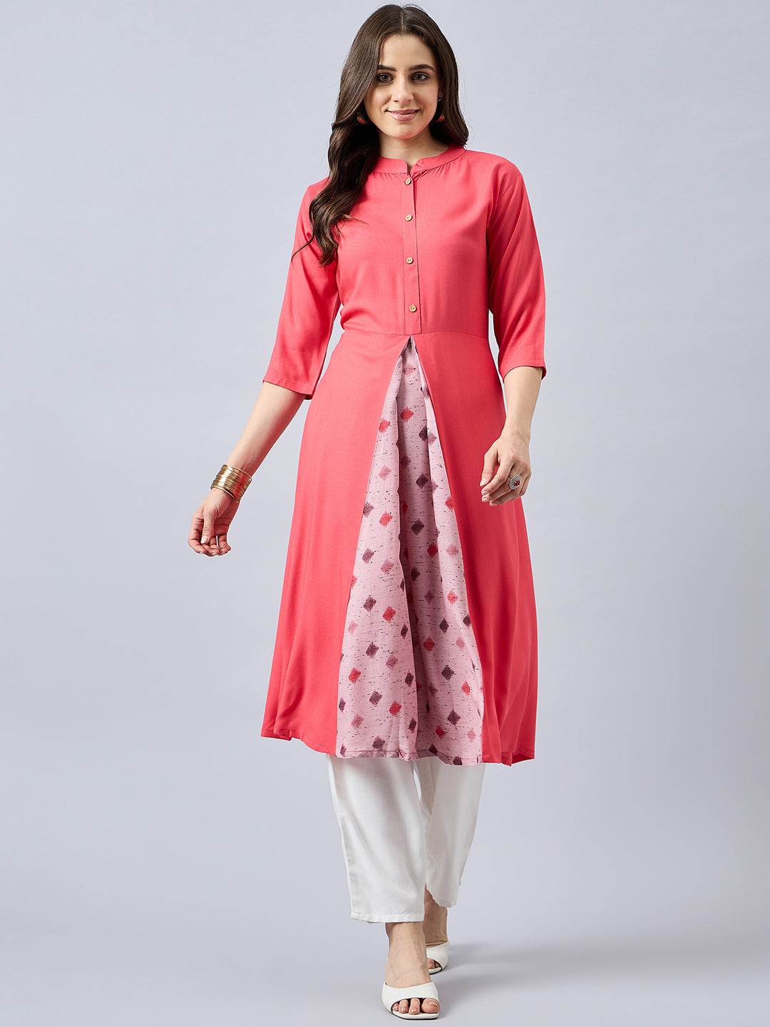 Women Mandarin Collar Anarkali Panelled Rayon Kurta