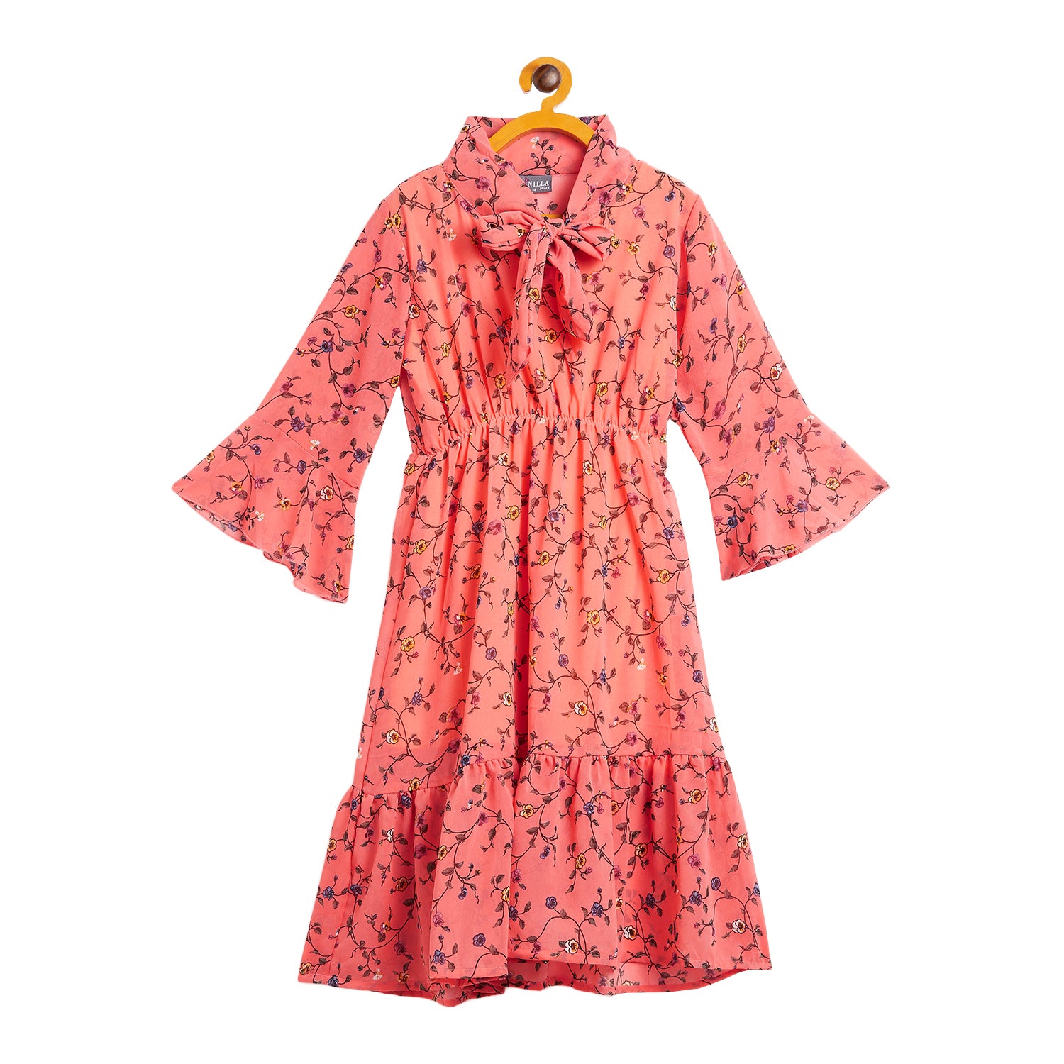 Kids Peach Dye Dress with Floral Pattern