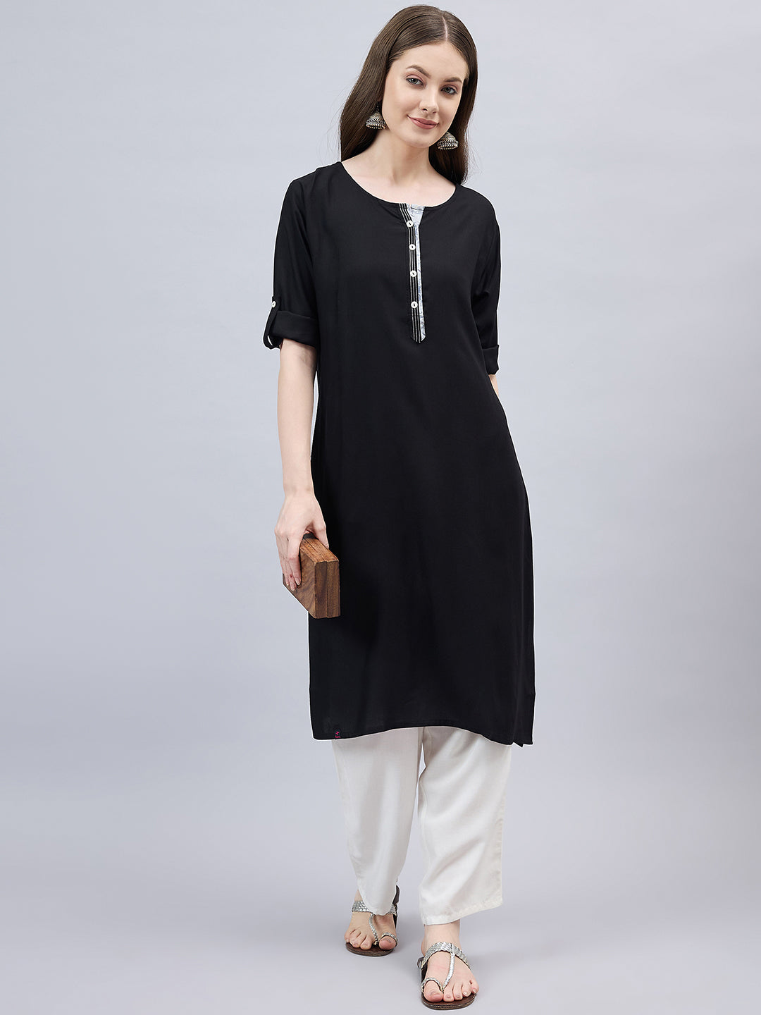 Black Round Neck Straight Fit Rayon Kurti 2XL