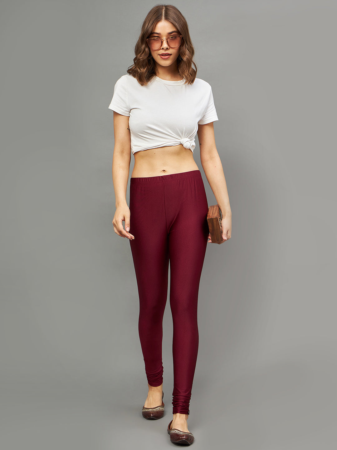 Maroon Metallic Leggings - Ankle Length