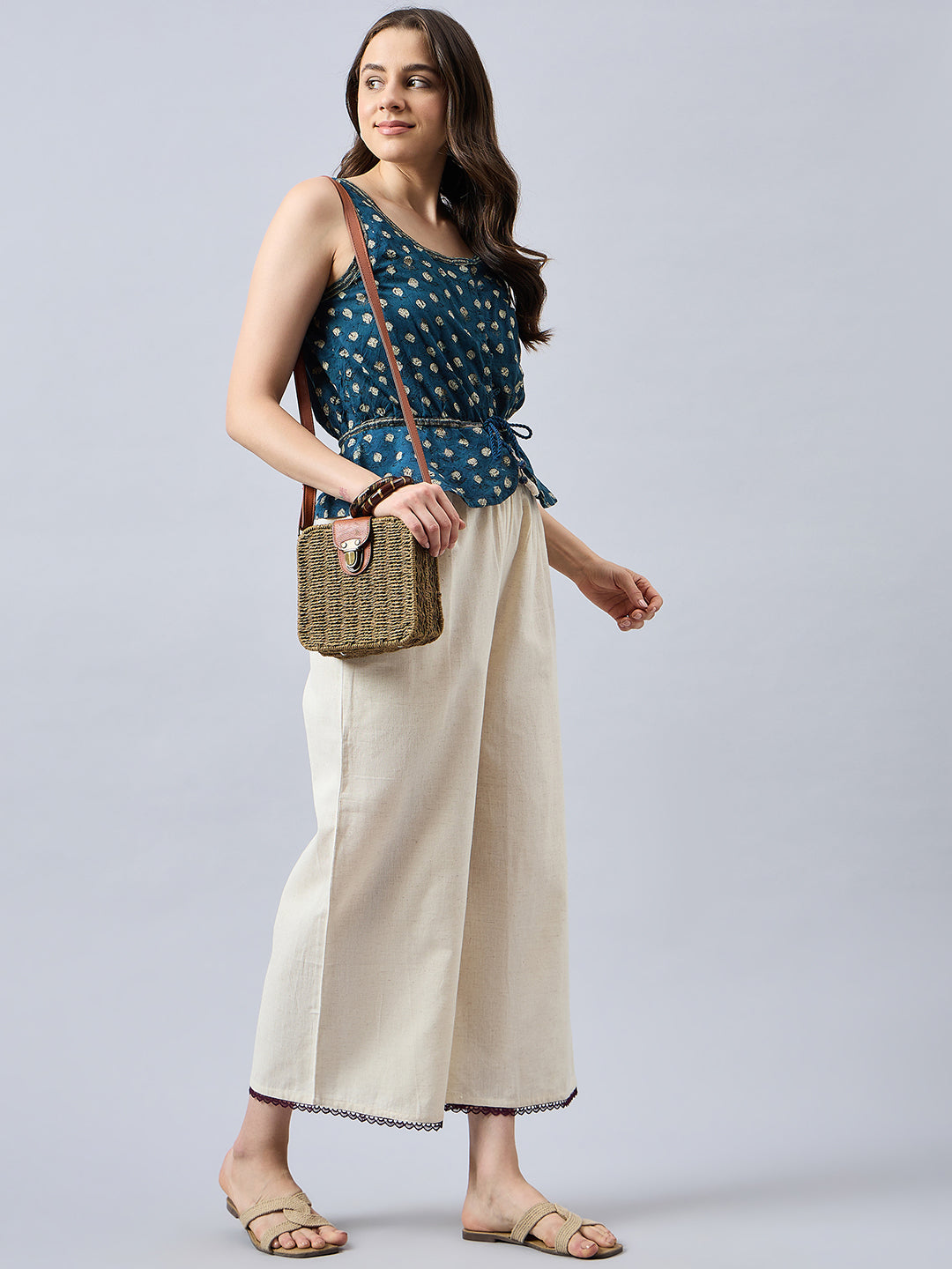 Cotton Palazzo With Wine Lace Detailing