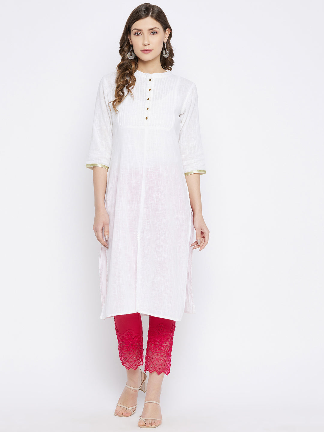 Pink Embroidery Lace Cotton Lycra Pants