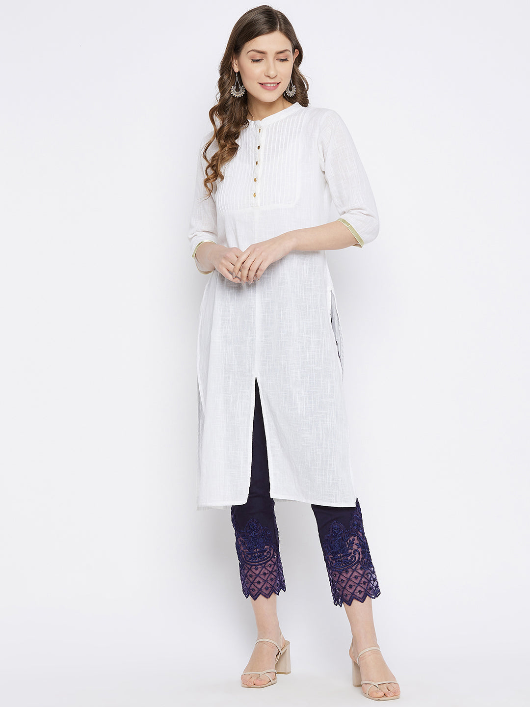 Navy Blue Embroidery Lace Cotton Lycra Pants
