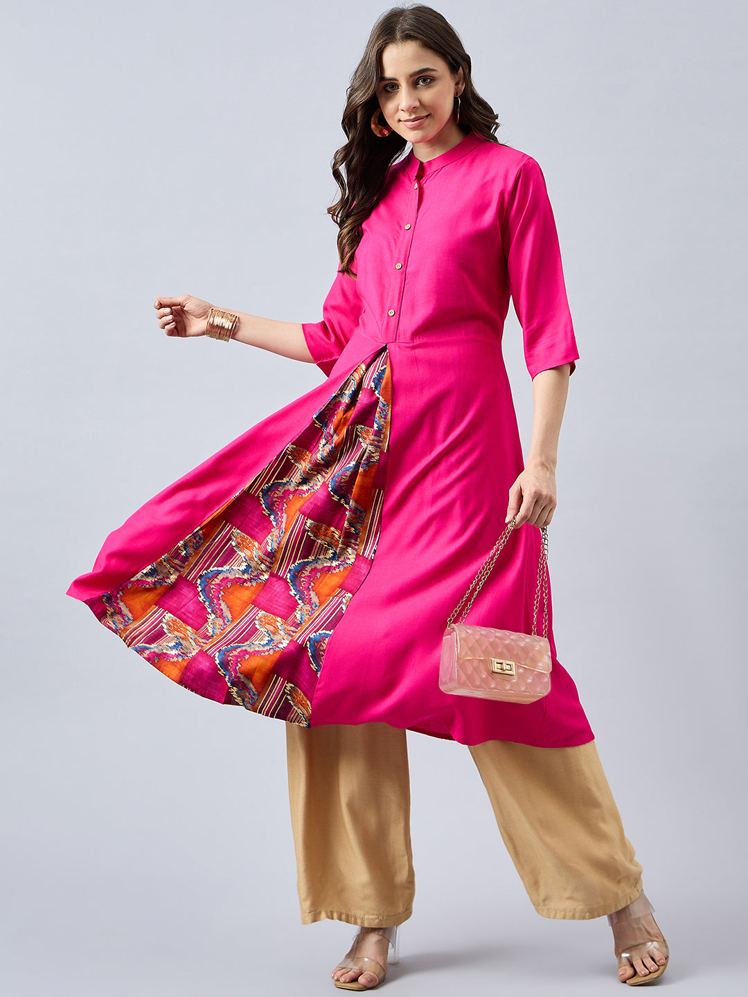 Women Mandarin Collar Anarkali Panelled Rayon Kurta