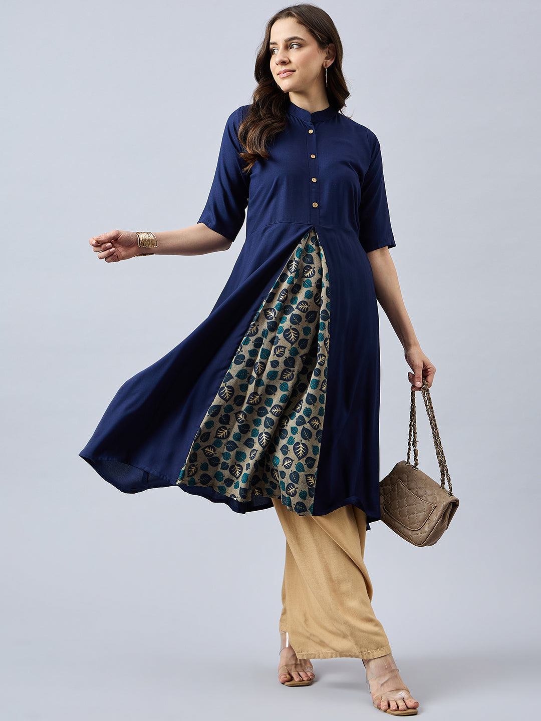 Women Mandarin Collar Anarkali Panelled Rayon Kurta