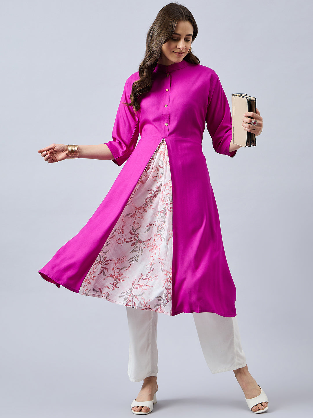 Women Mandarin Collar Anarkali Panelled Rayon Kurta