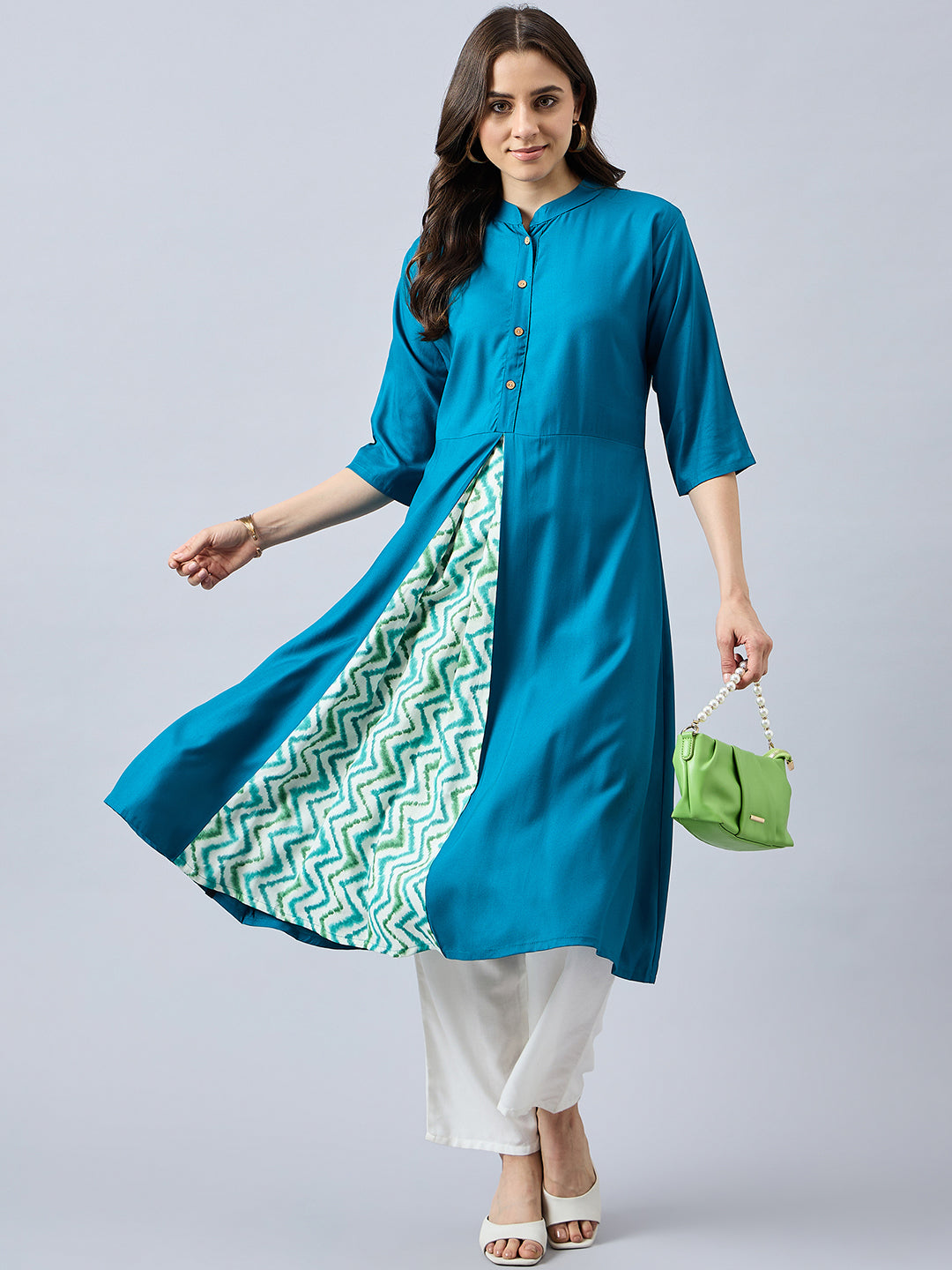Women Mandarin Collar Anarkali Panelled Rayon Kurta