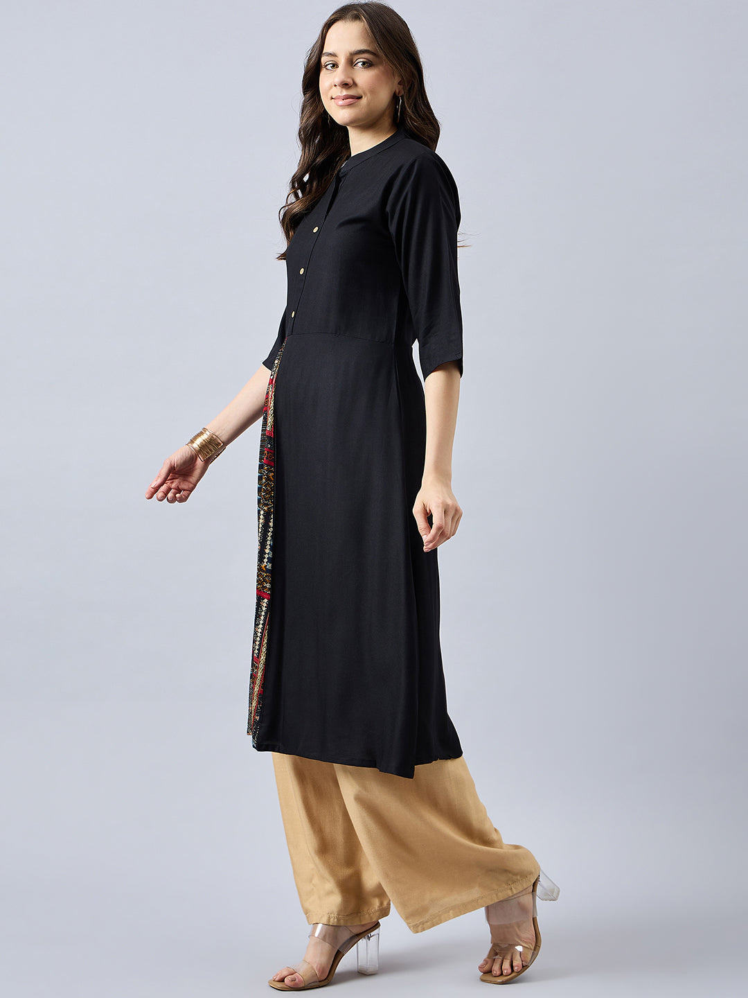 Women Mandarin Collar Anarkali Panelled Rayon Kurta