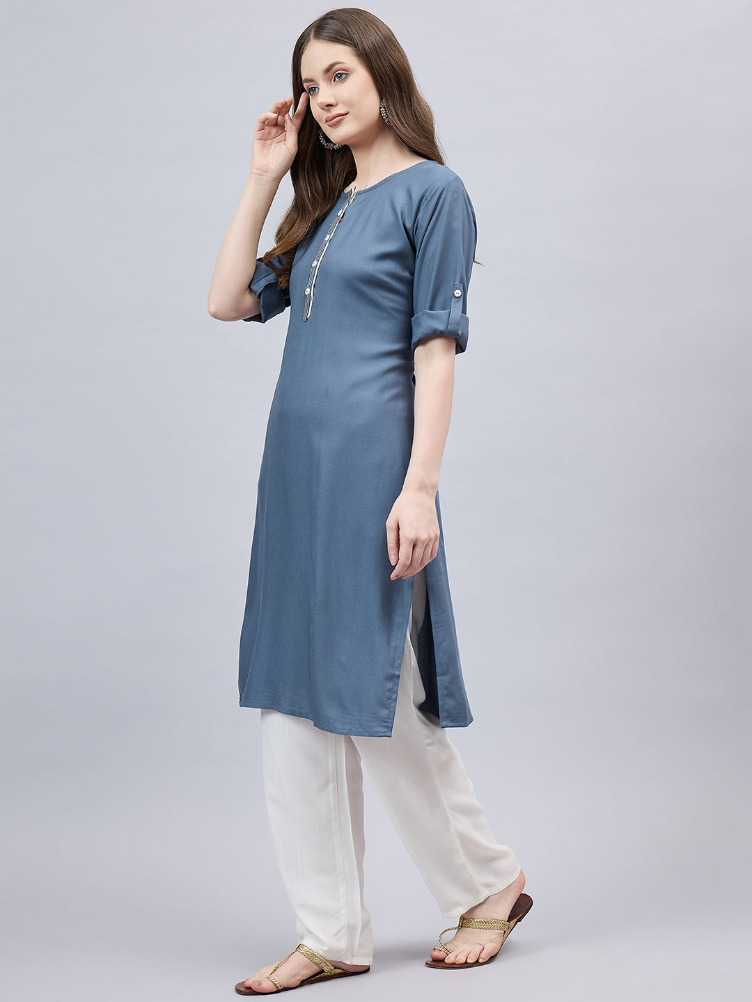 Dark Grey Round Neck Straight Fit Rayon Kurti