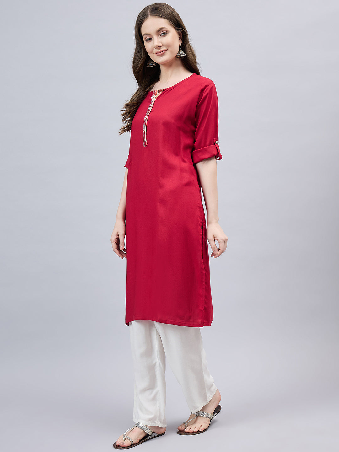 Red Round Neck Straight Fit Rayon Kurti