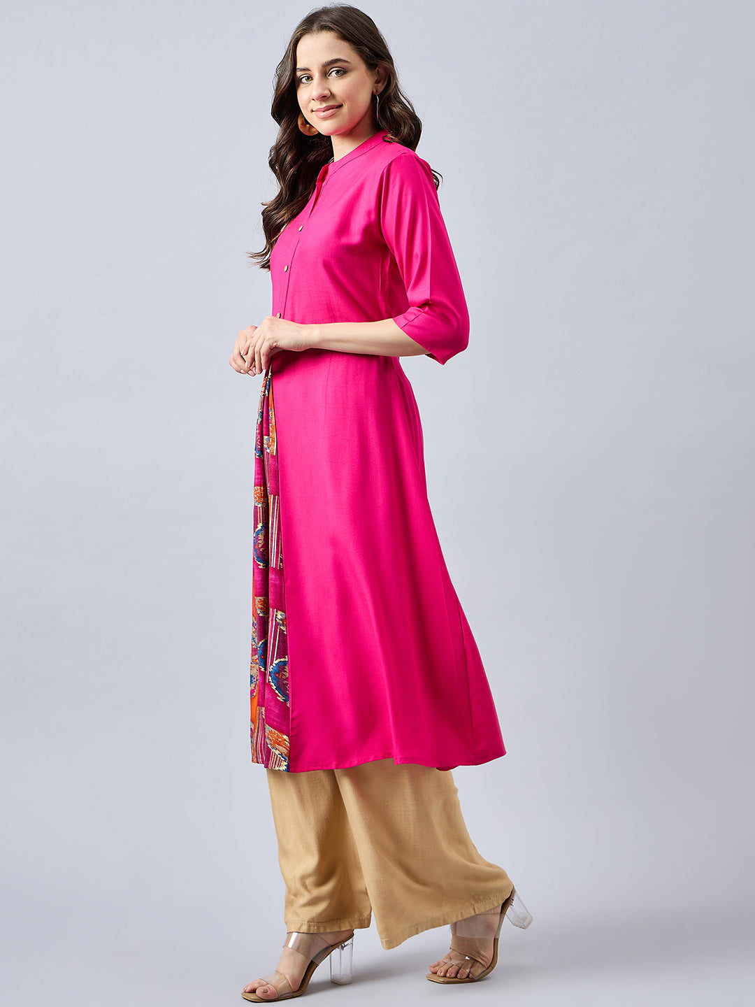 Women Mandarin Collar Anarkali Panelled Rayon Kurta