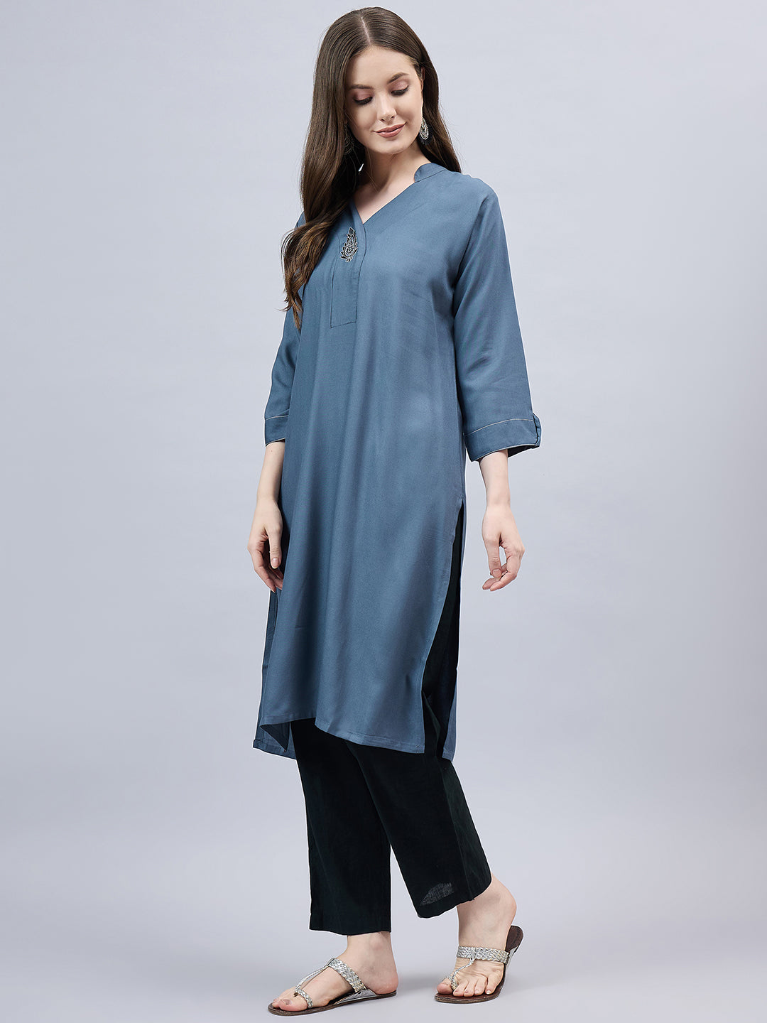 Dark Grey V-Neck Straight Fit Rayon Kurti XL