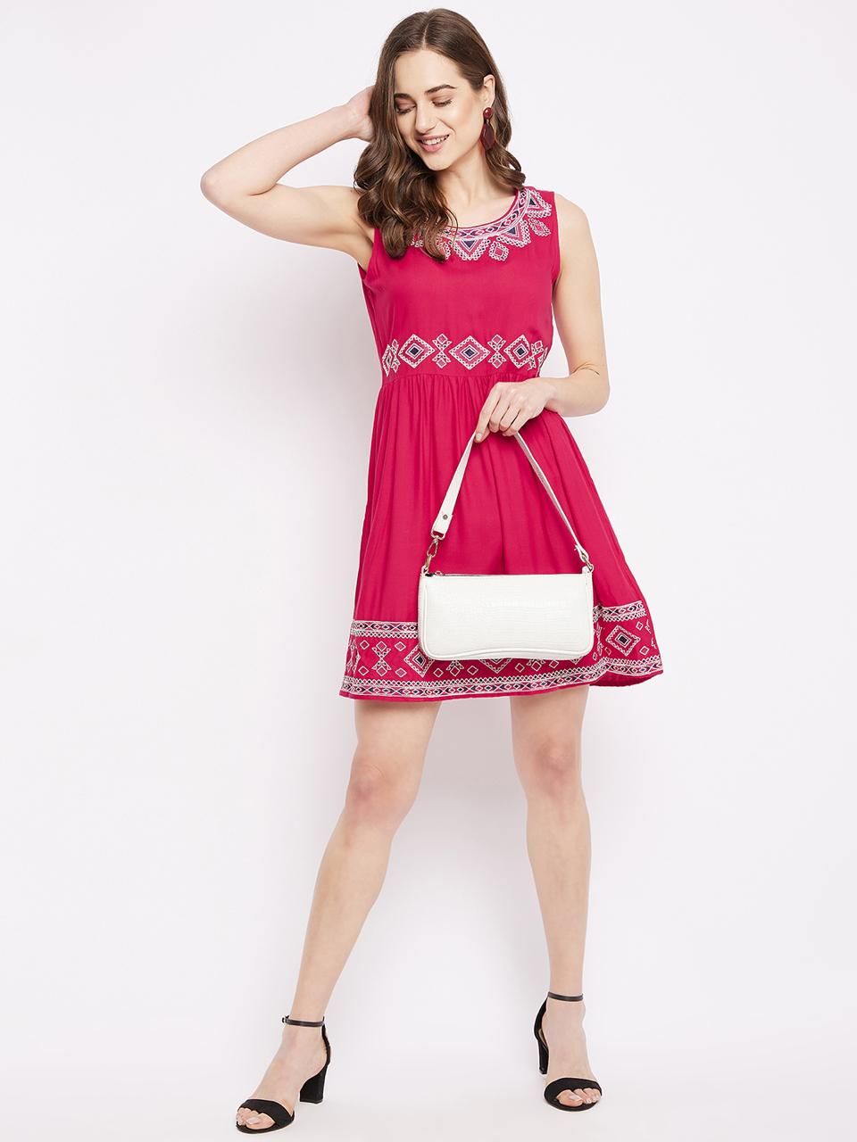 Pink Rayon Embroidered Sleeveless Short Dress for Women