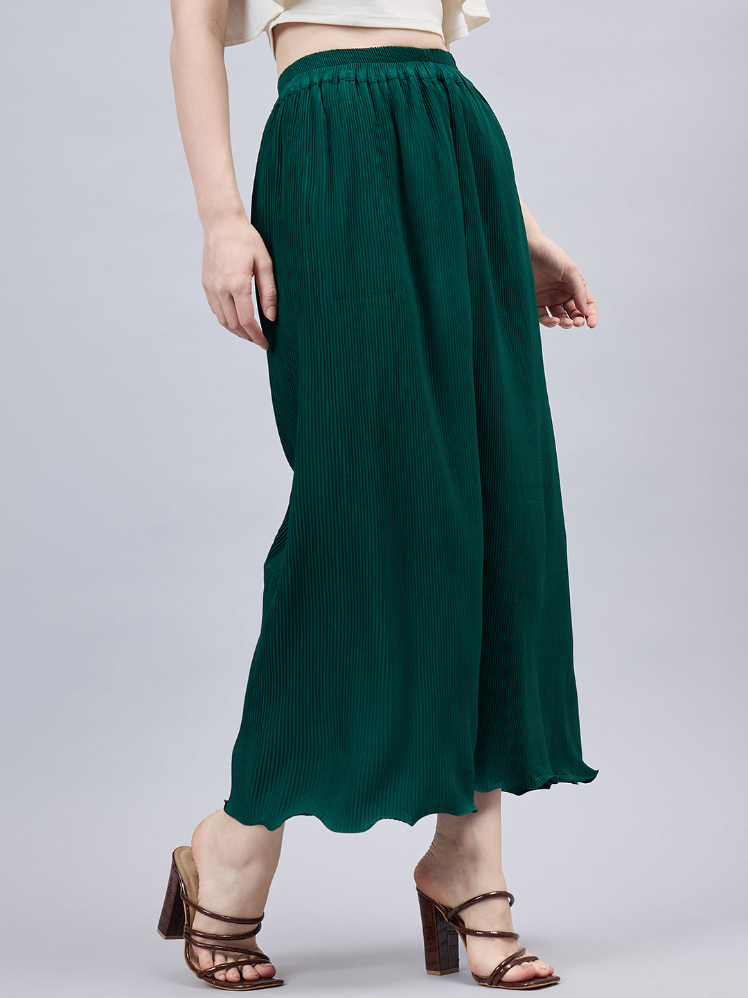 Bottle Green Pleated Chiffon Palazzo