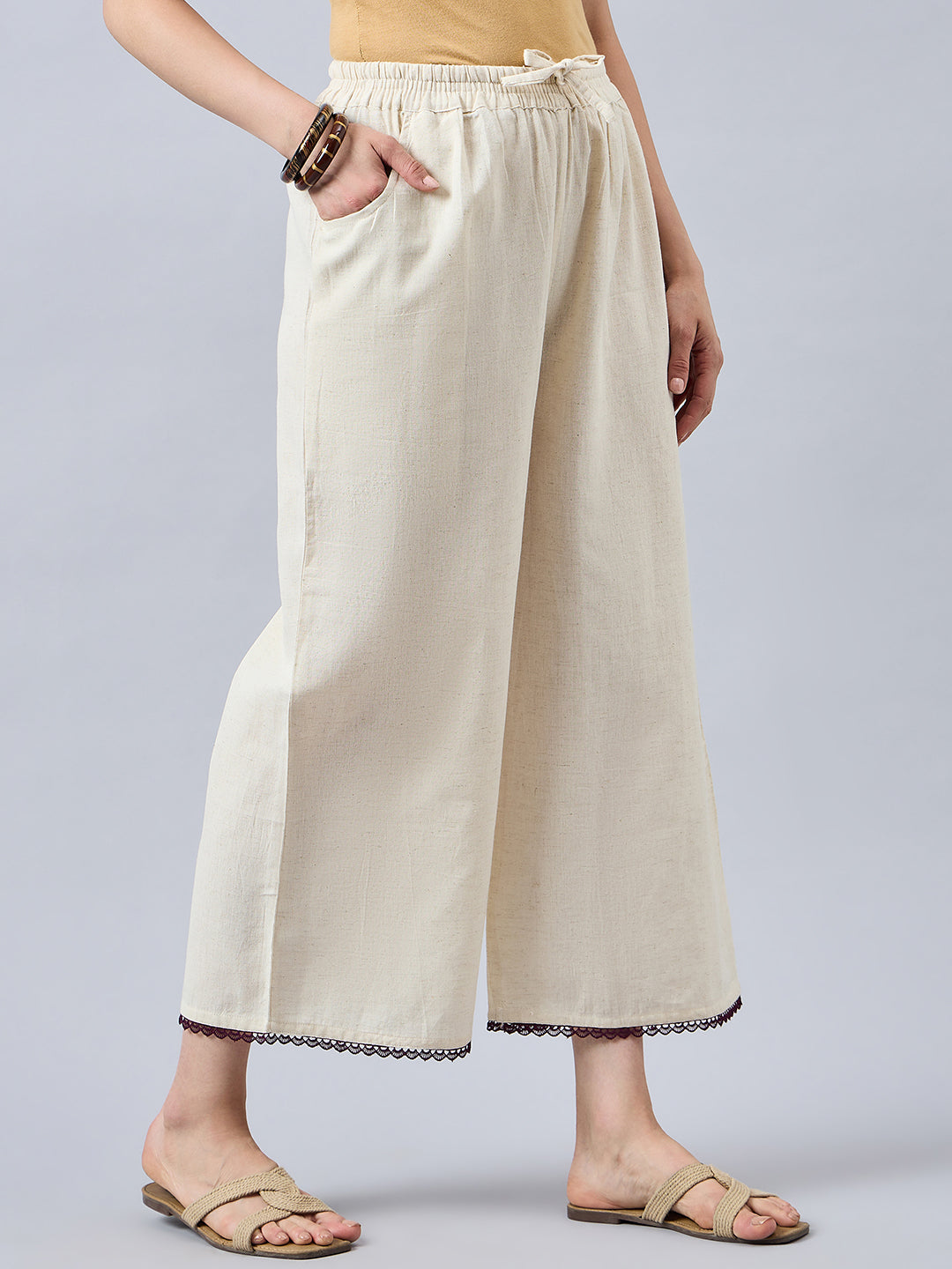 Cotton Palazzo With Wine Lace Detailing