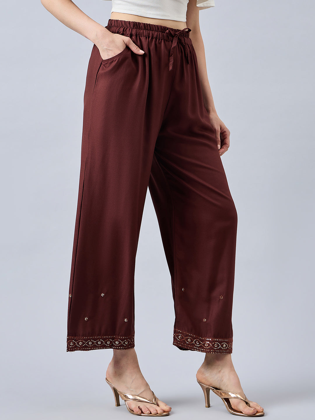 Brown Embellished Palazzo