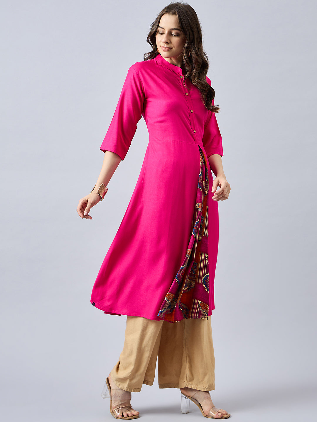 Women Mandarin Collar Anarkali Panelled Rayon Kurta