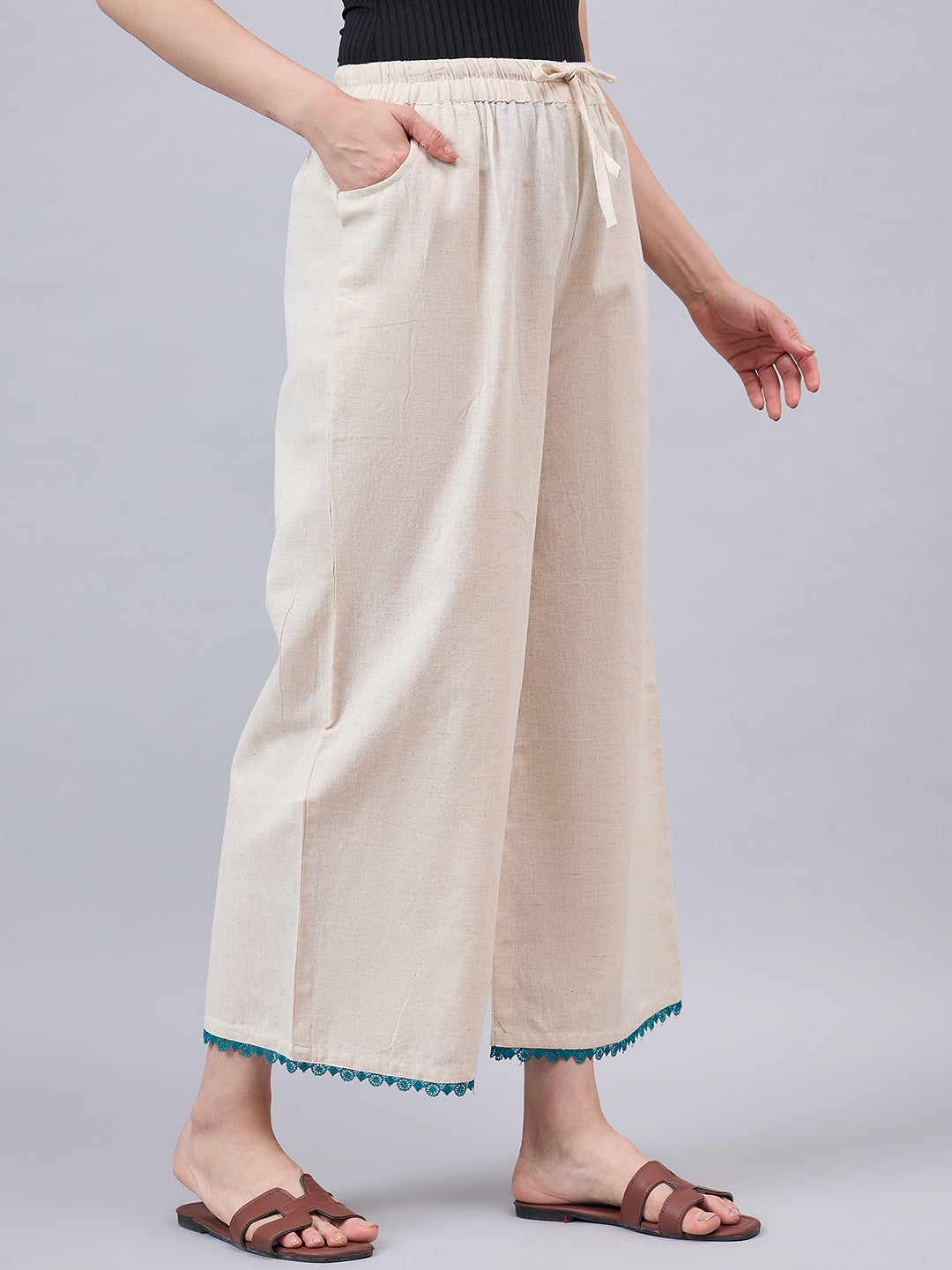 Cotton Palazzo With Turquoise Lace Detailing