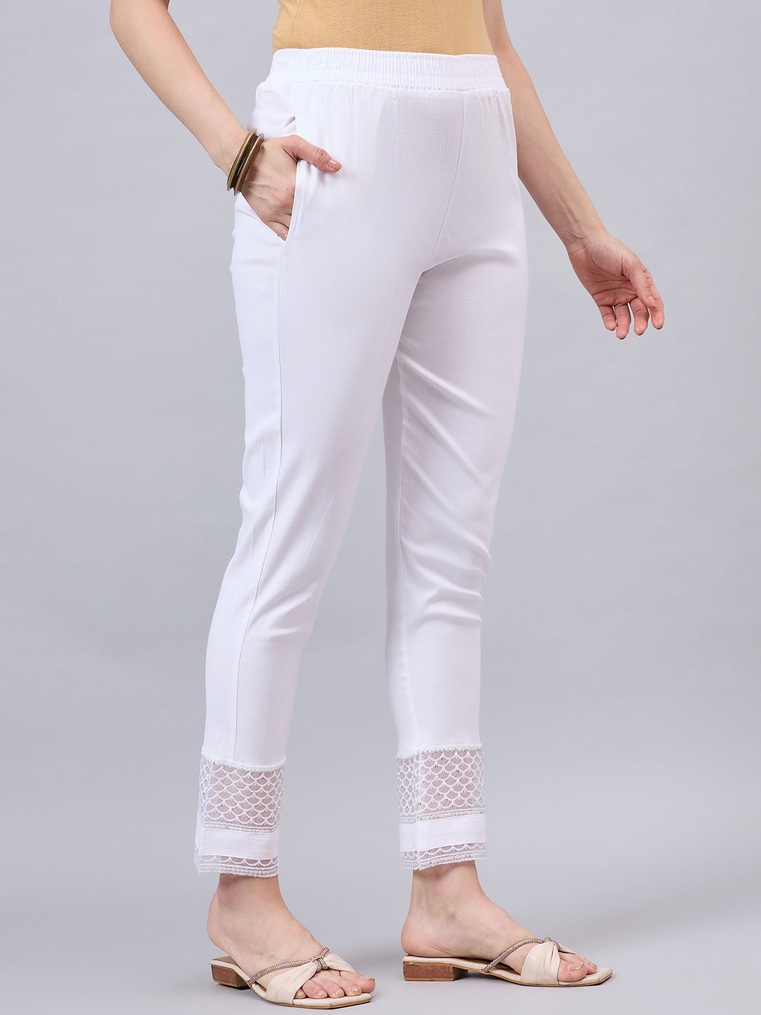 White Sequin Lace Pants XL White
