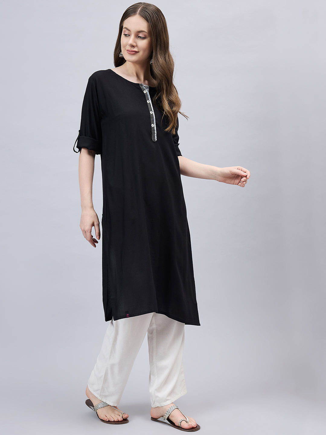 Black Round Neck Straight Fit Rayon Kurti