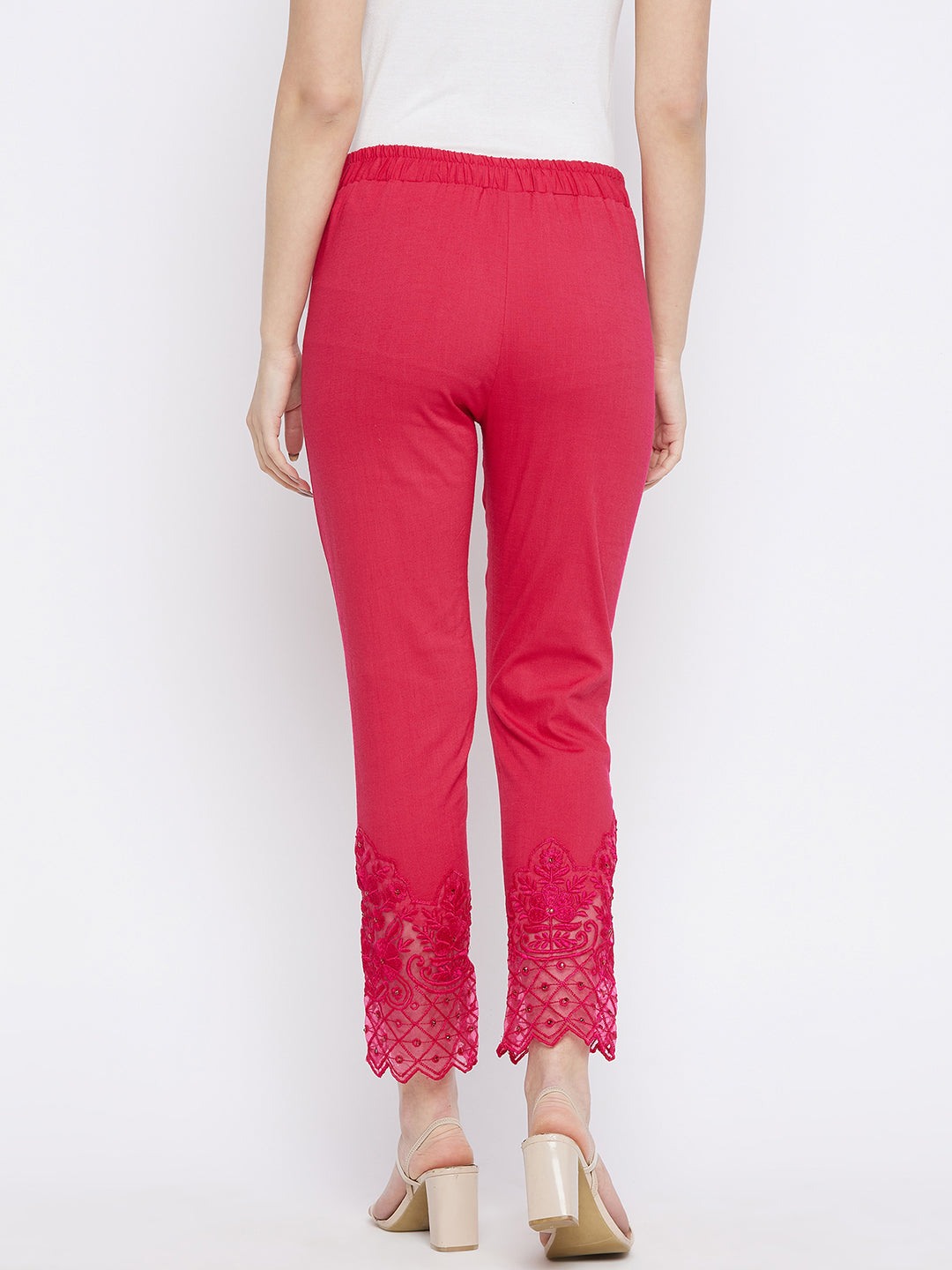 Pink Embroidery Lace Cotton Lycra Pants