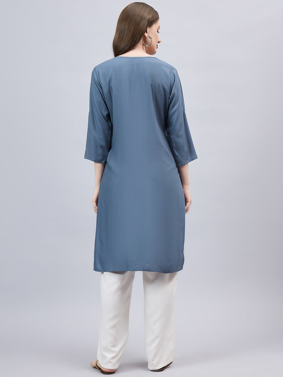 Dark Grey Round Neck Straight Fit Rayon Kurti