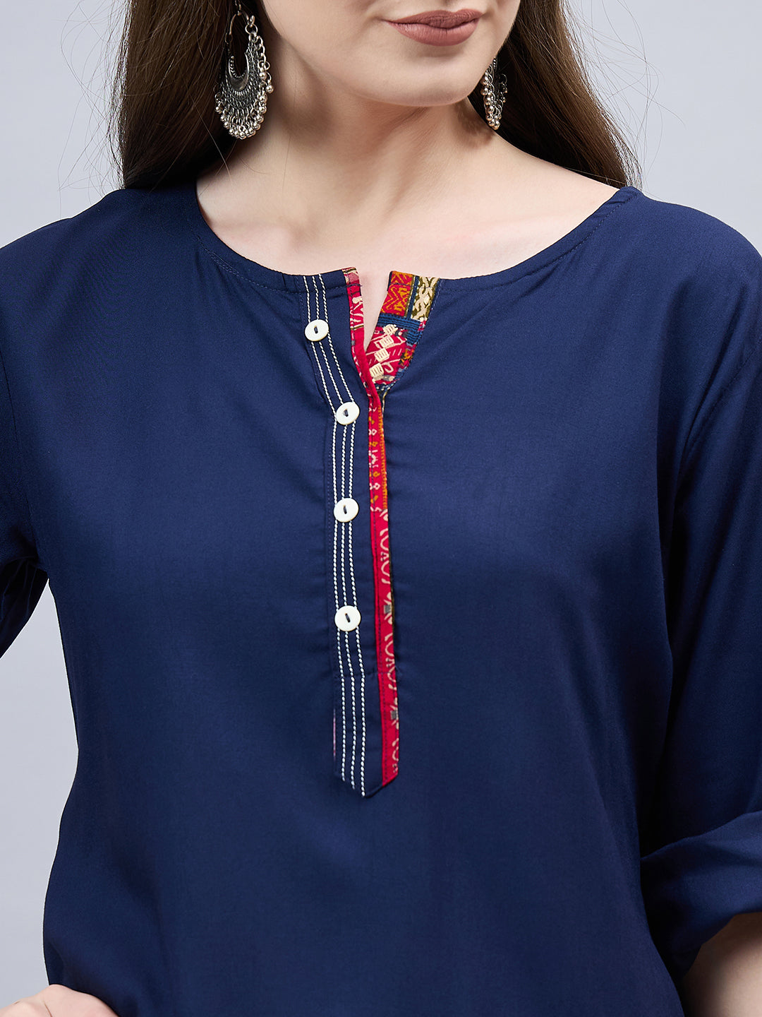 Navy Blue Round Neck Straight Fit Rayon Kurti