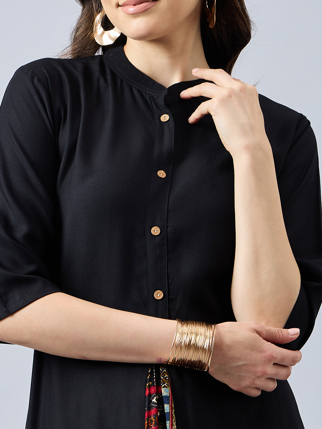 Women Mandarin Collar Anarkali Panelled Rayon Kurta