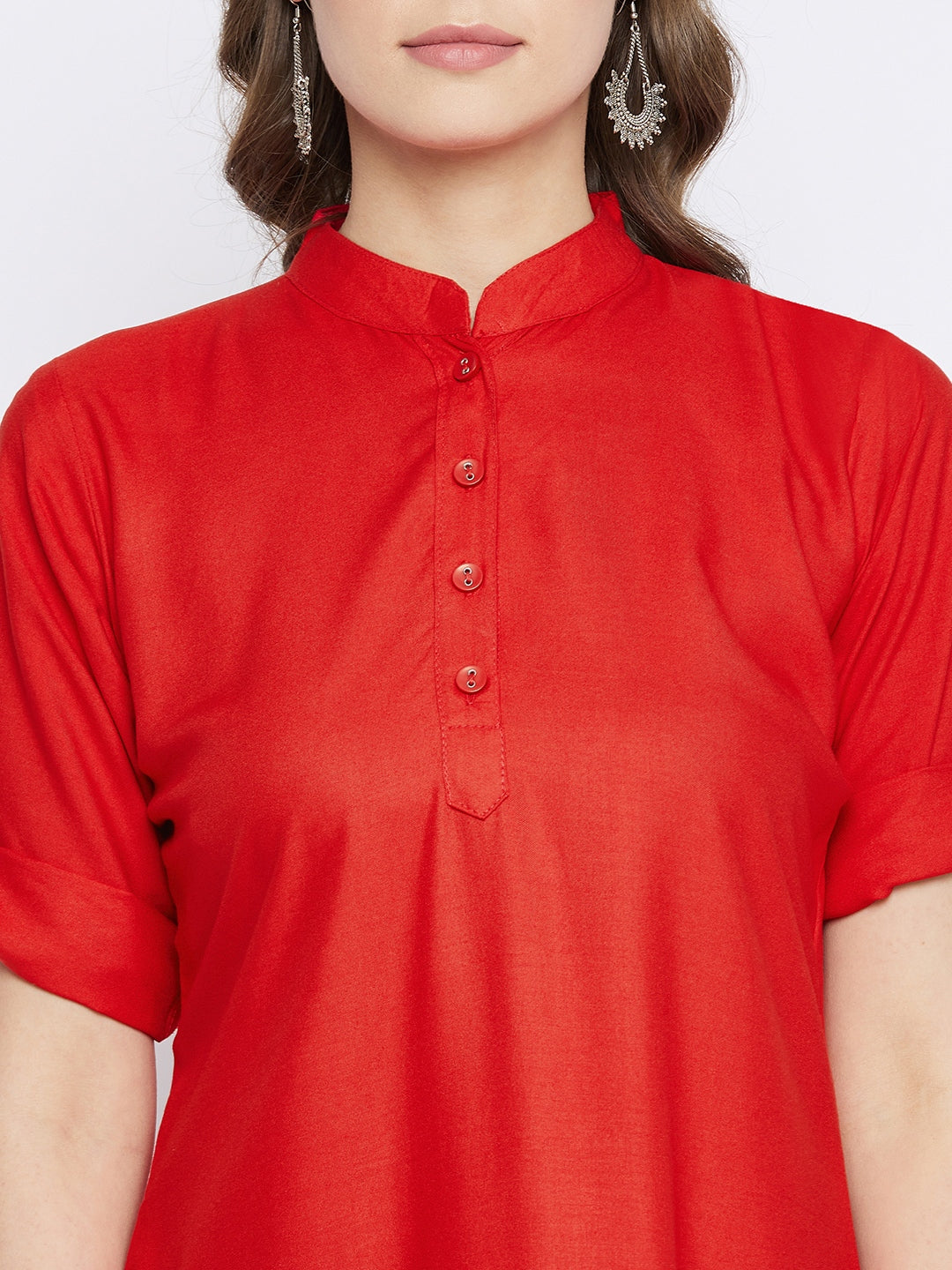 Red Solid Coloured Short Kurti - 32" Length