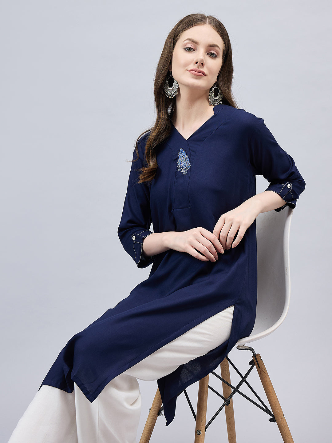 Navy Blue V-Neck Straight Fit Rayon Kurti