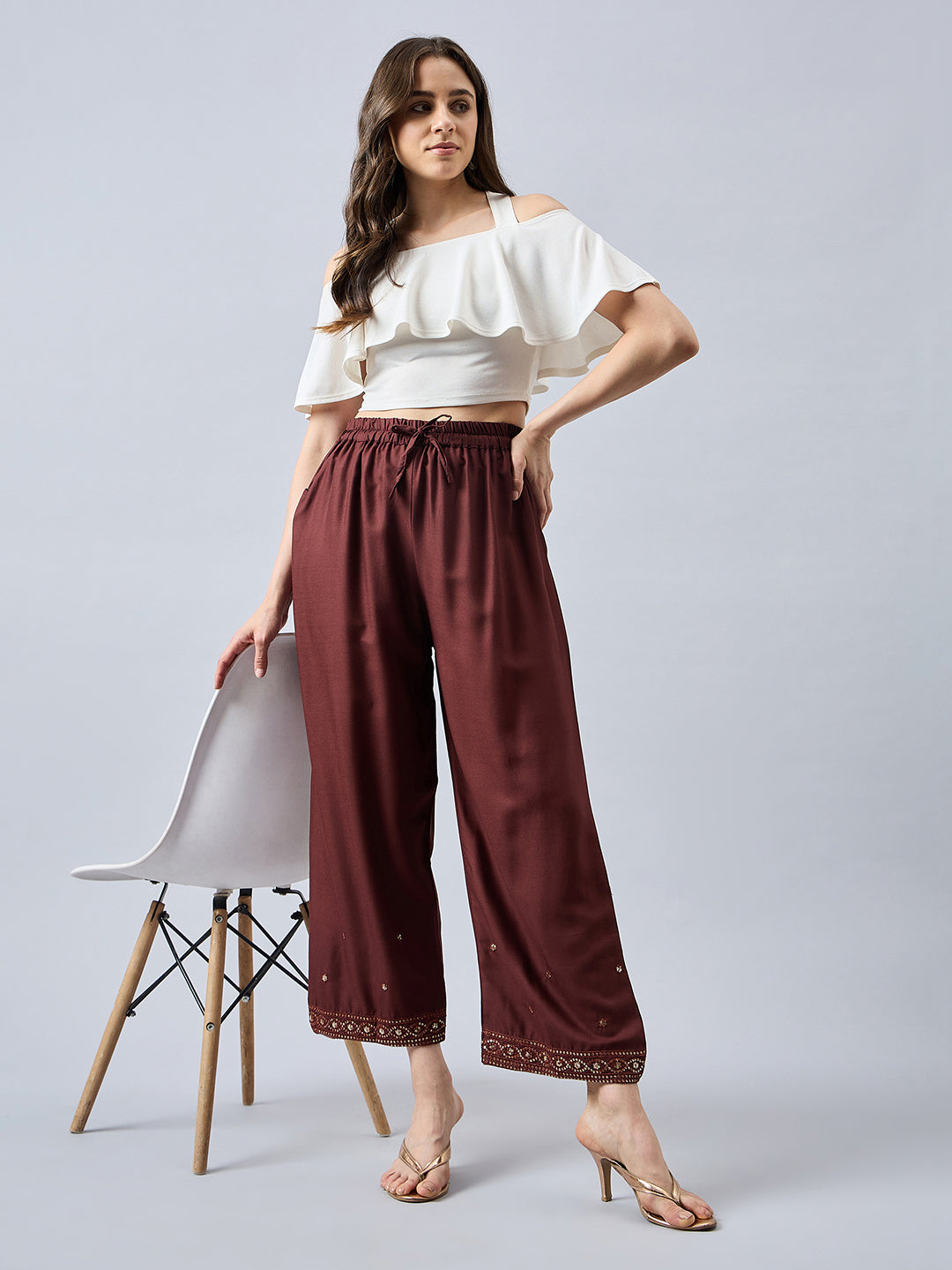 Brown Embellished Palazzo