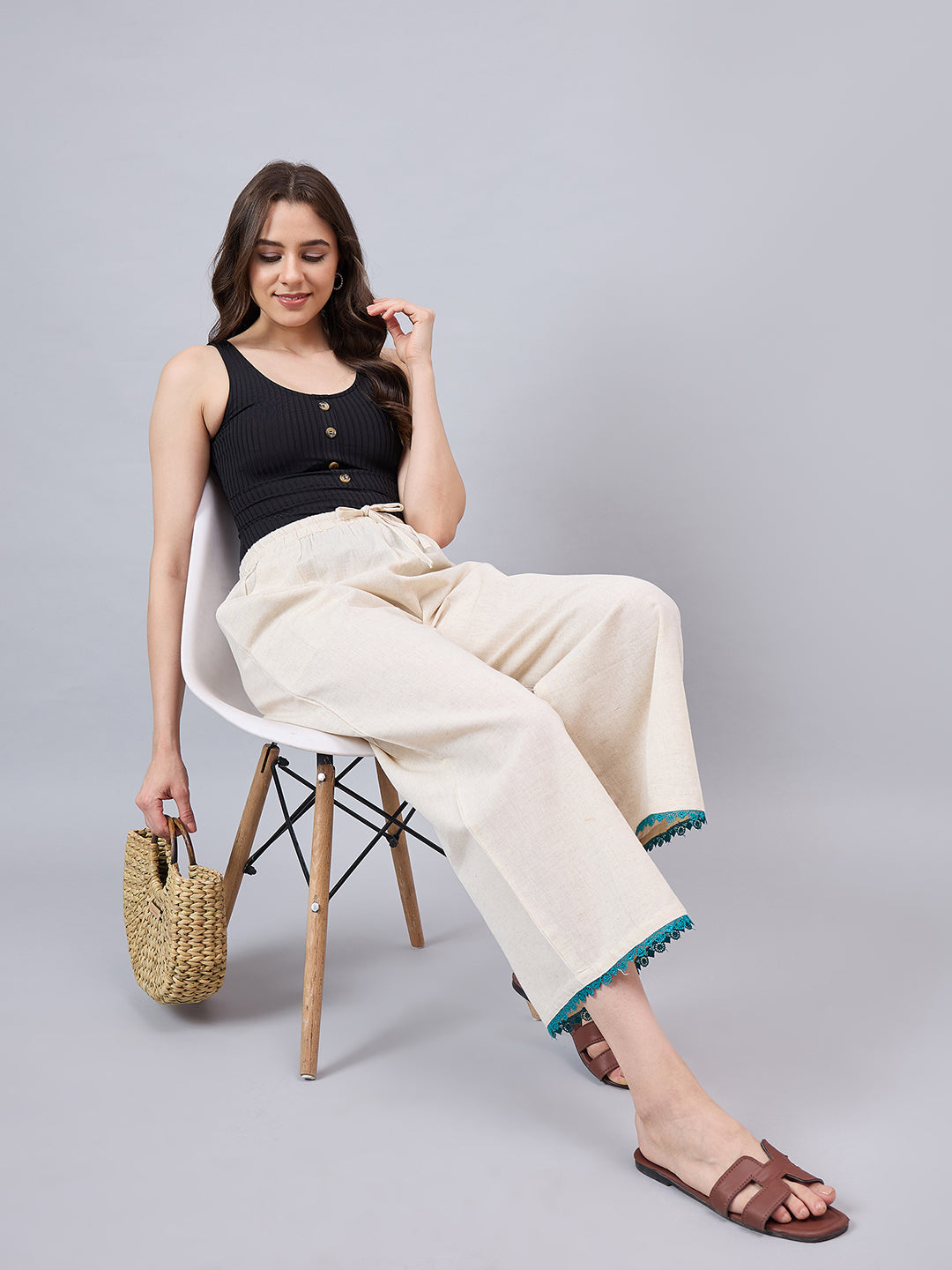 Cotton Palazzo With Turquoise Lace Detailing