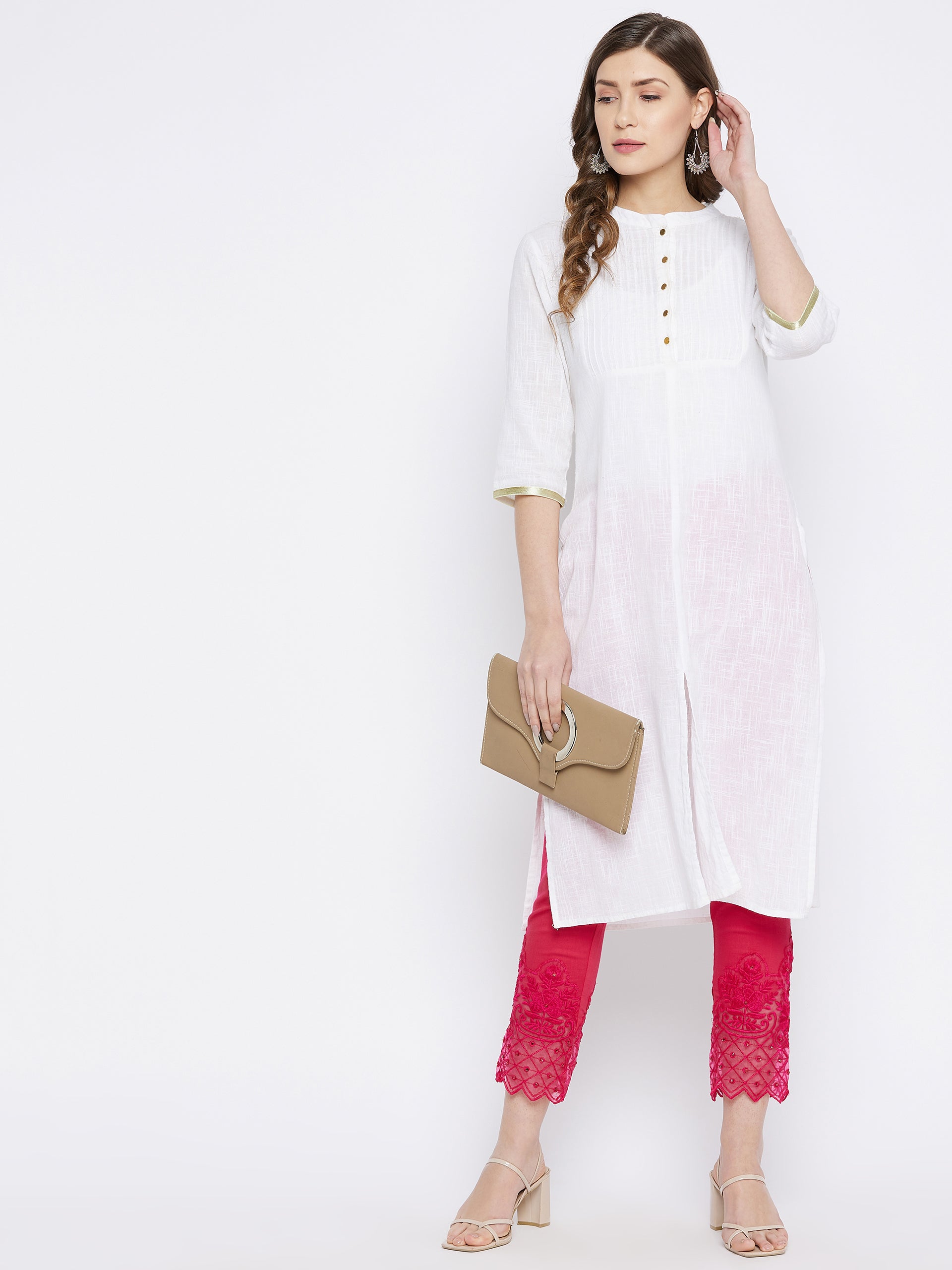 Pink Embroidery Lace Cotton Lycra Pants