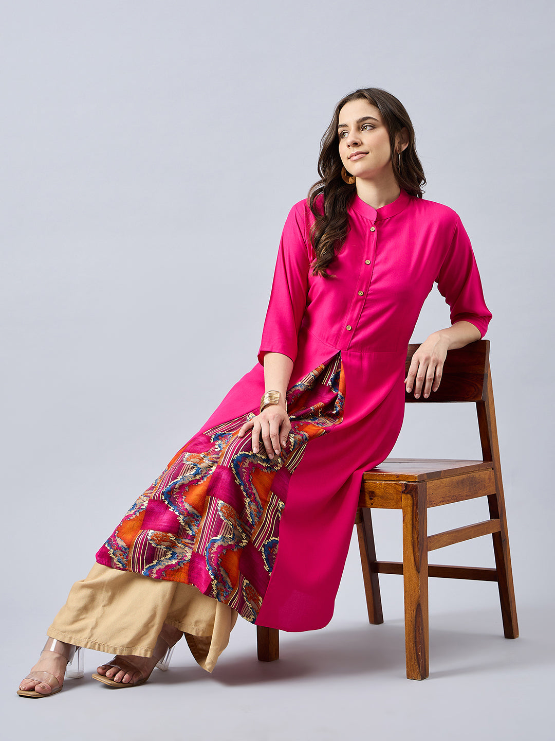 Women Mandarin Collar Anarkali Panelled Rayon Kurta