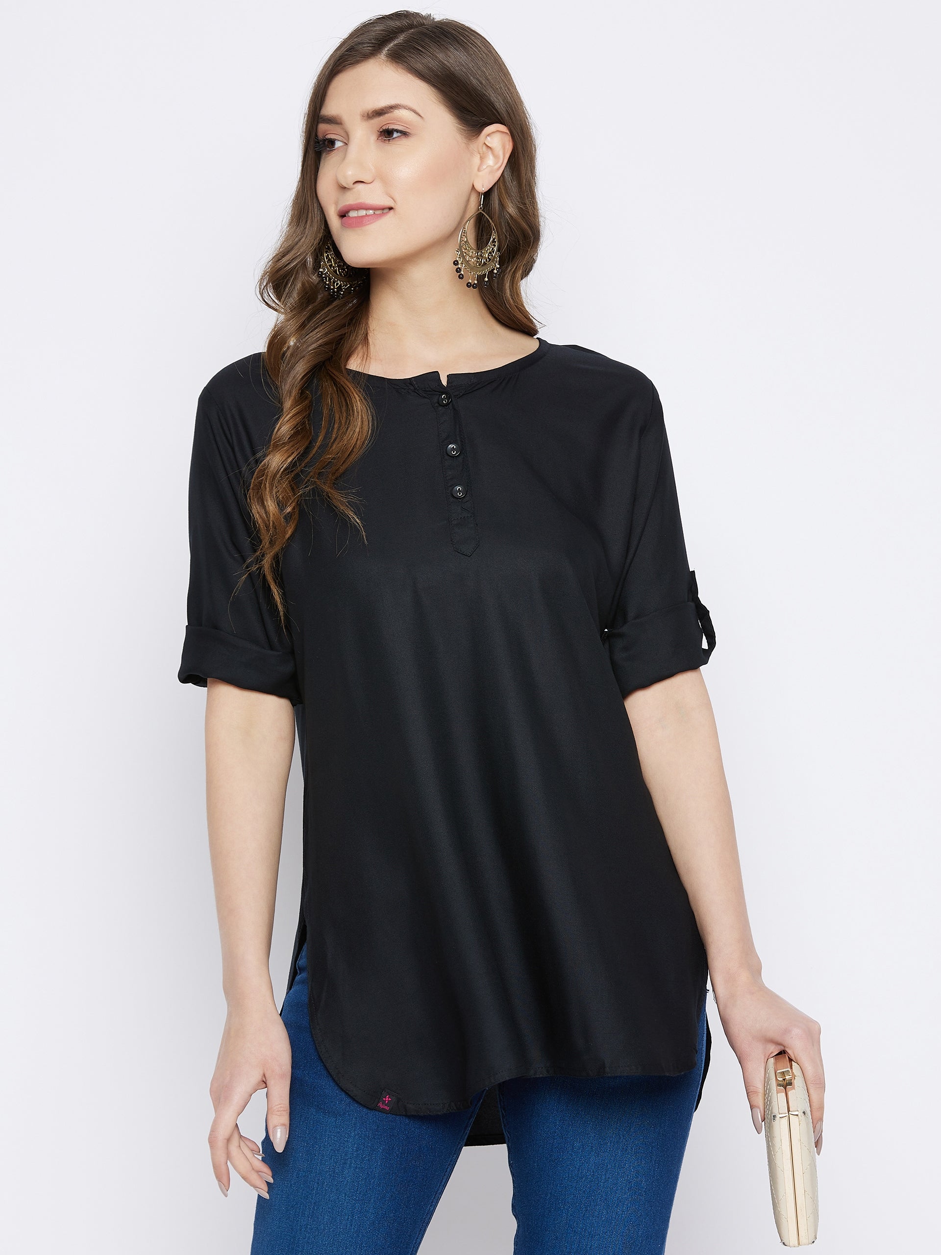 Black Solid Coloured Short Kurti - 32" Length