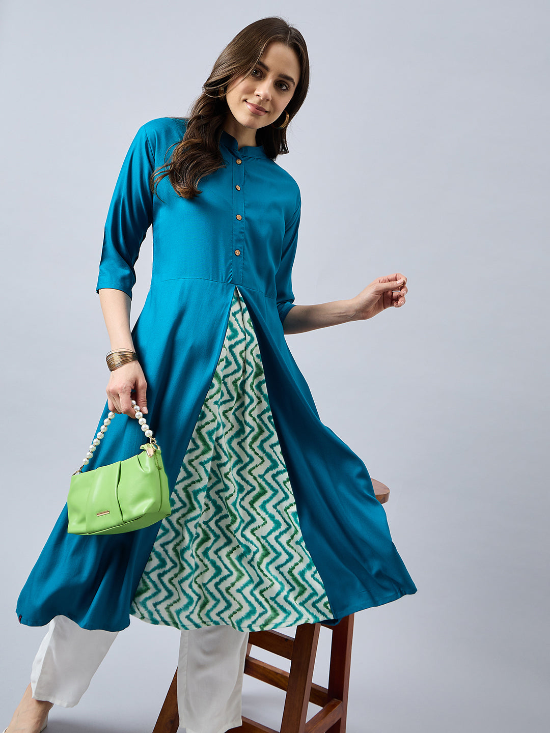 Women Mandarin Collar Anarkali Panelled Rayon Kurta