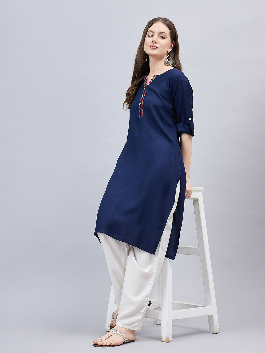 Navy Blue Round Neck Straight Fit Rayon Kurti M