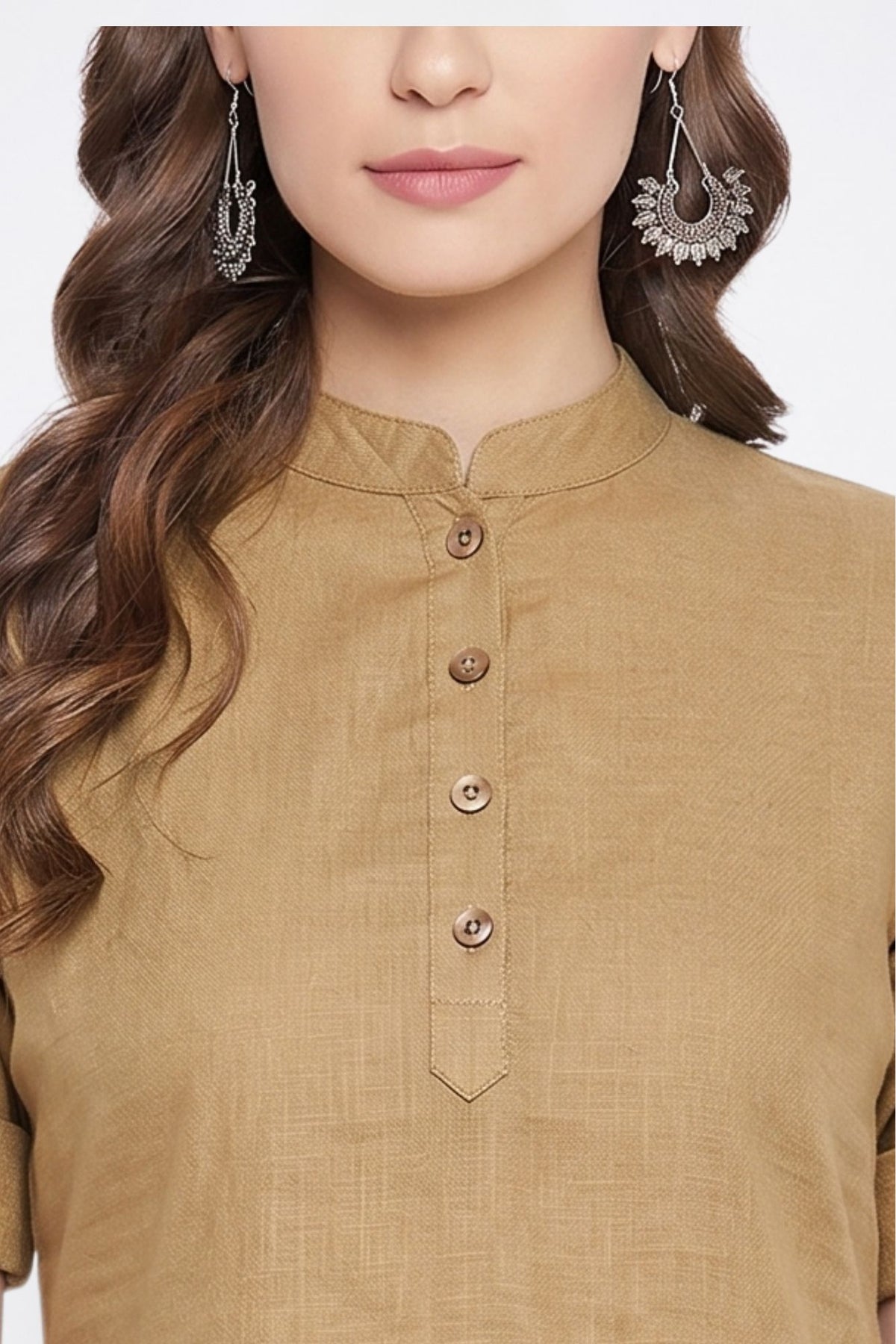 Beige Solid Coloured Short Kurti - 32" Length
