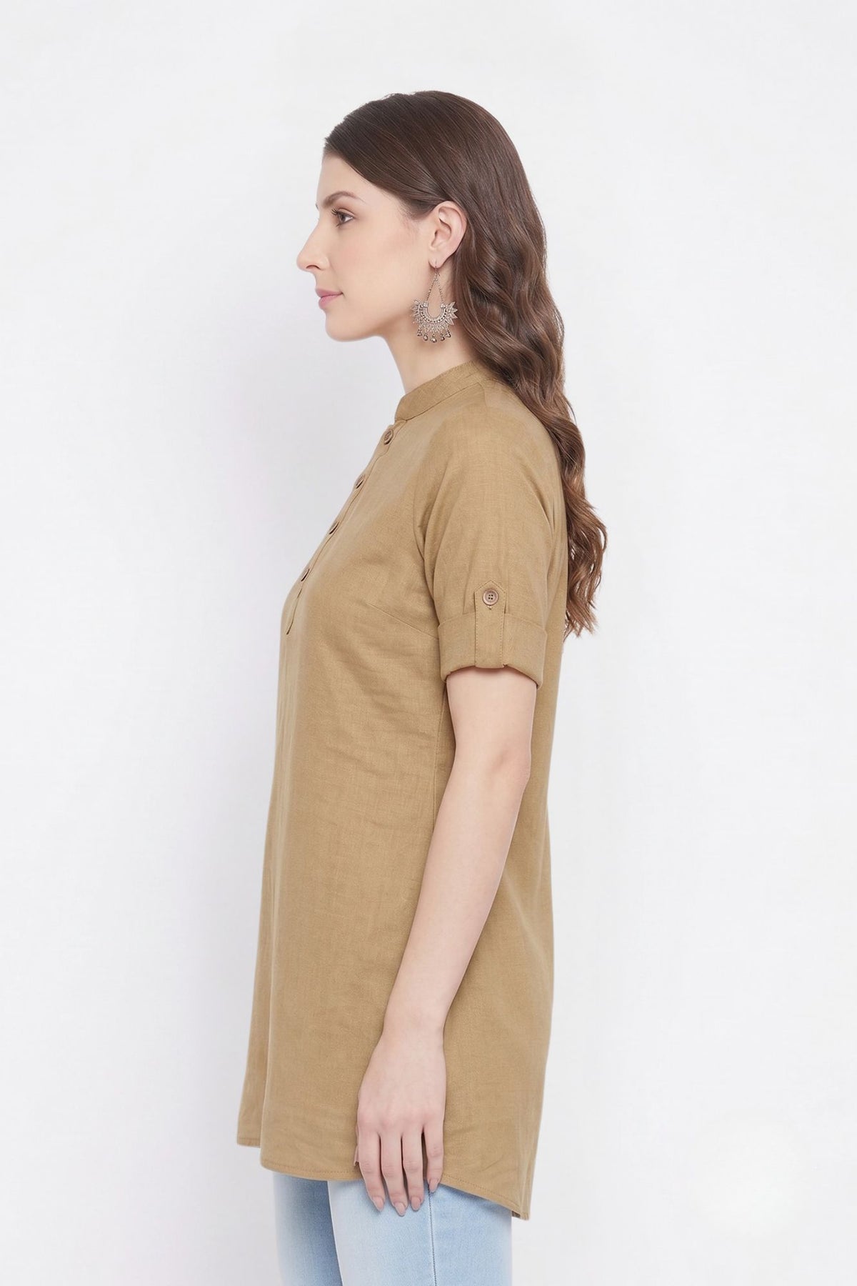 Beige Solid Coloured Short Kurti - 32" Length
