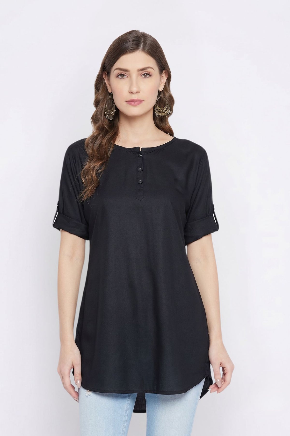 Black Solid Coloured Short Kurti - 32" Length