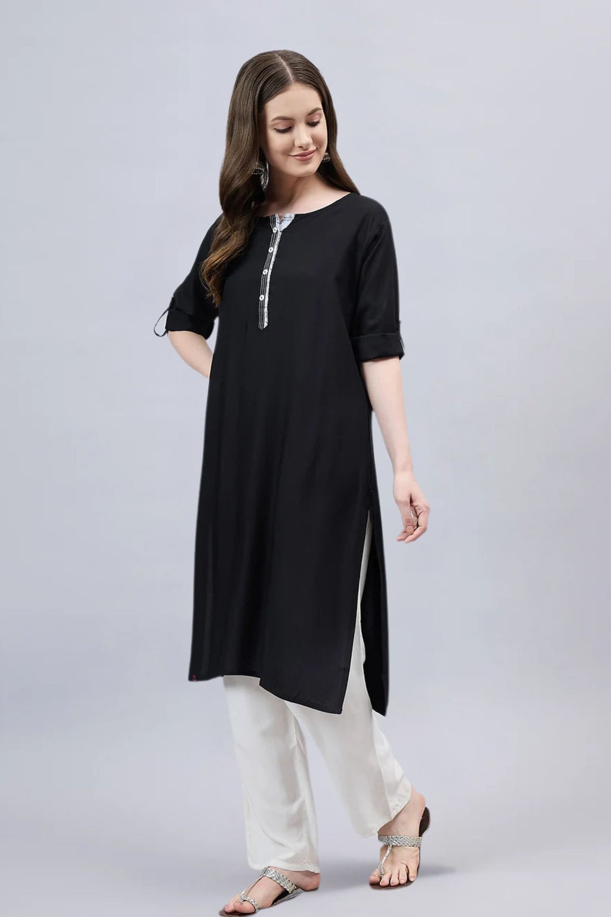 Black Round Neck Straight Fit Rayon Kurti