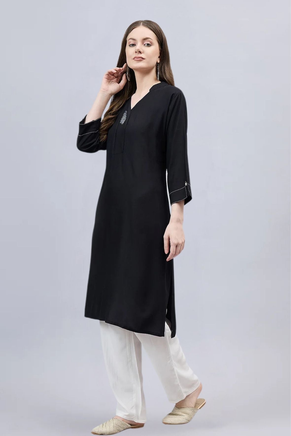 Black V-Neck Straight Fit Rayon Kurti